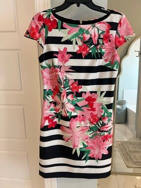Vince Camuto Pink Floral on Black and White Stripe Sheath Dress